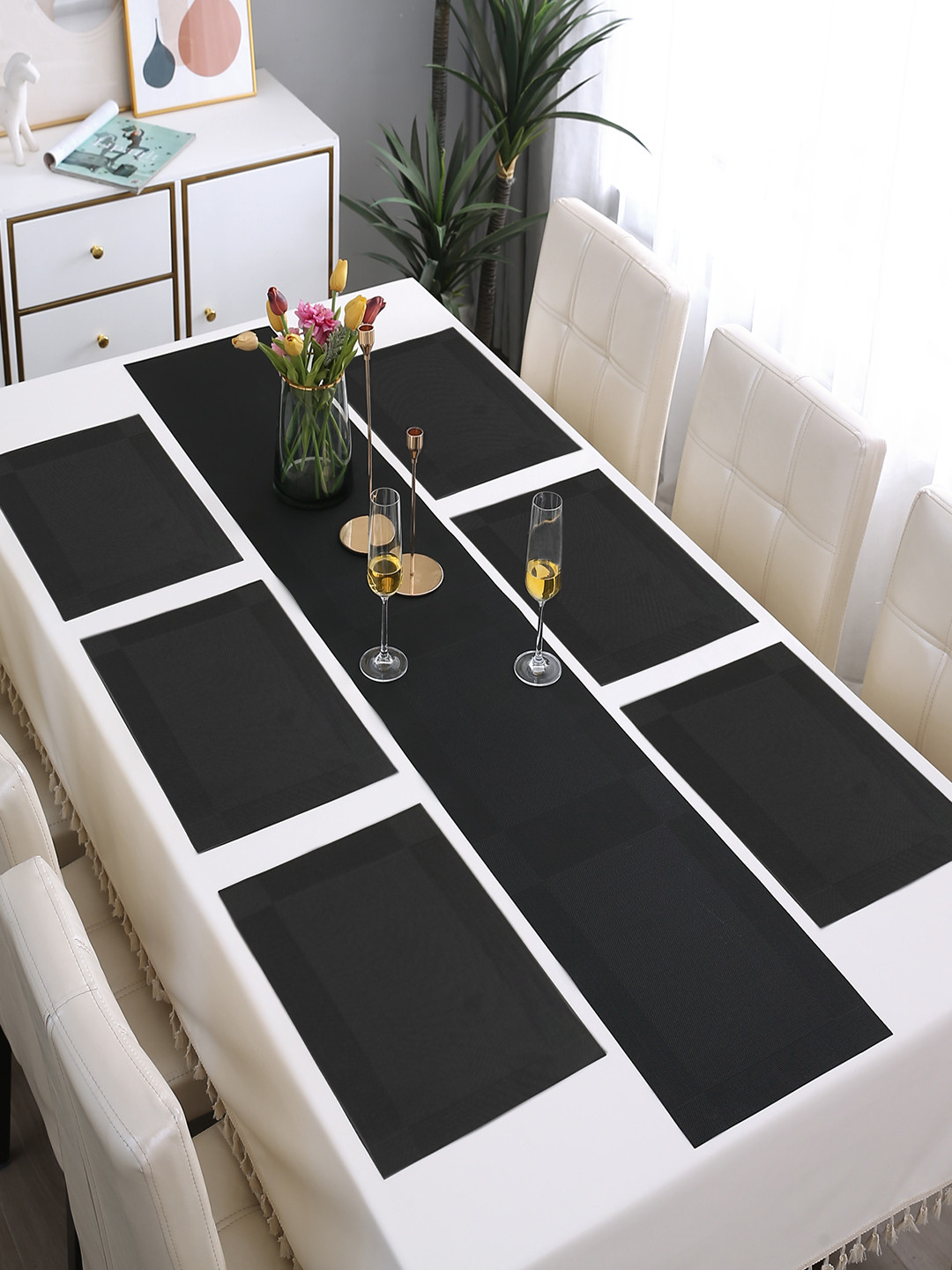HOKIPO Black 7-Pieces Solid Rectangular Table Placemats & Table Runner