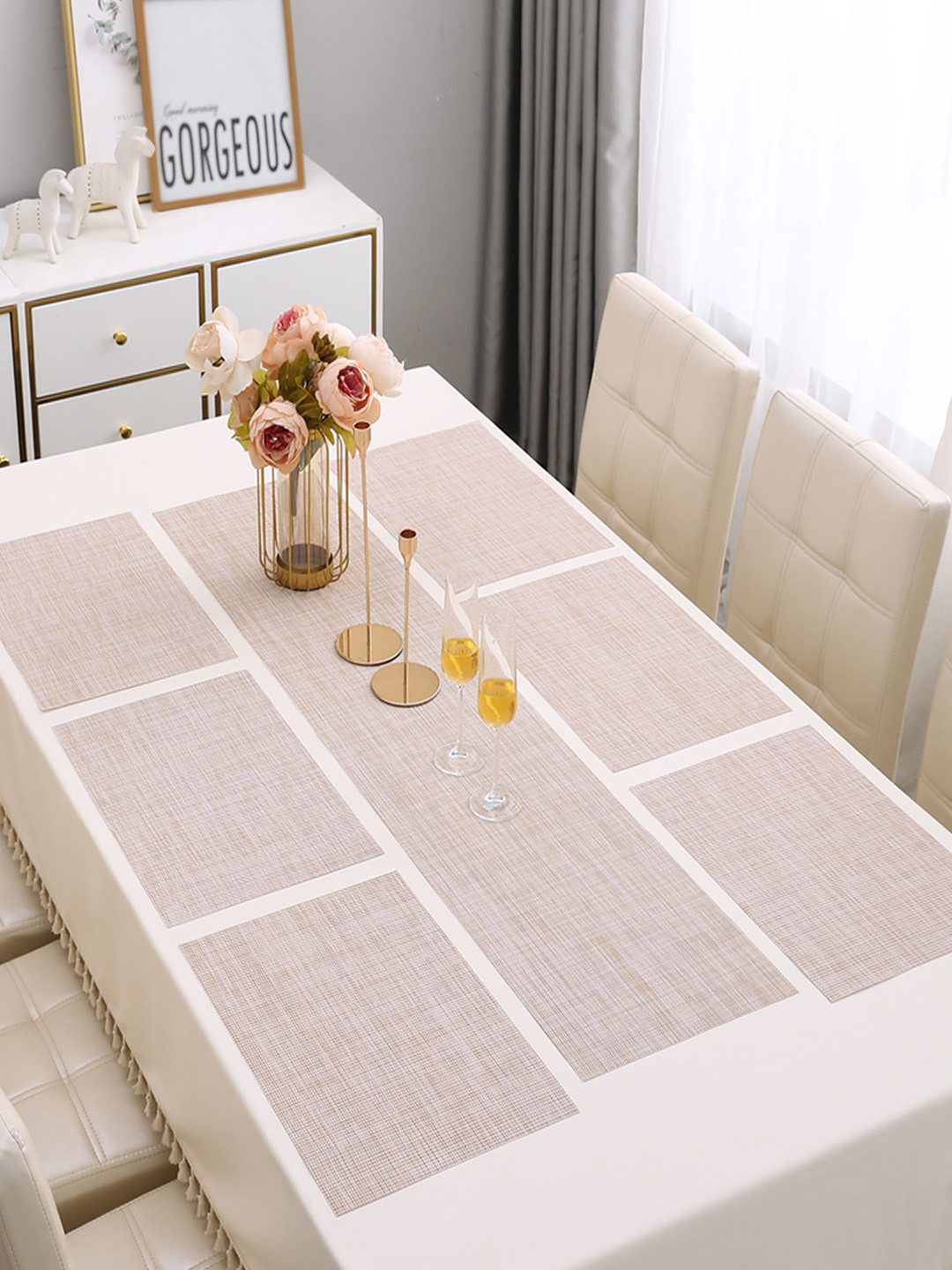 HOKIPO Beige 7-Pieces Solid Rectangular Table Placemats & Table Runner