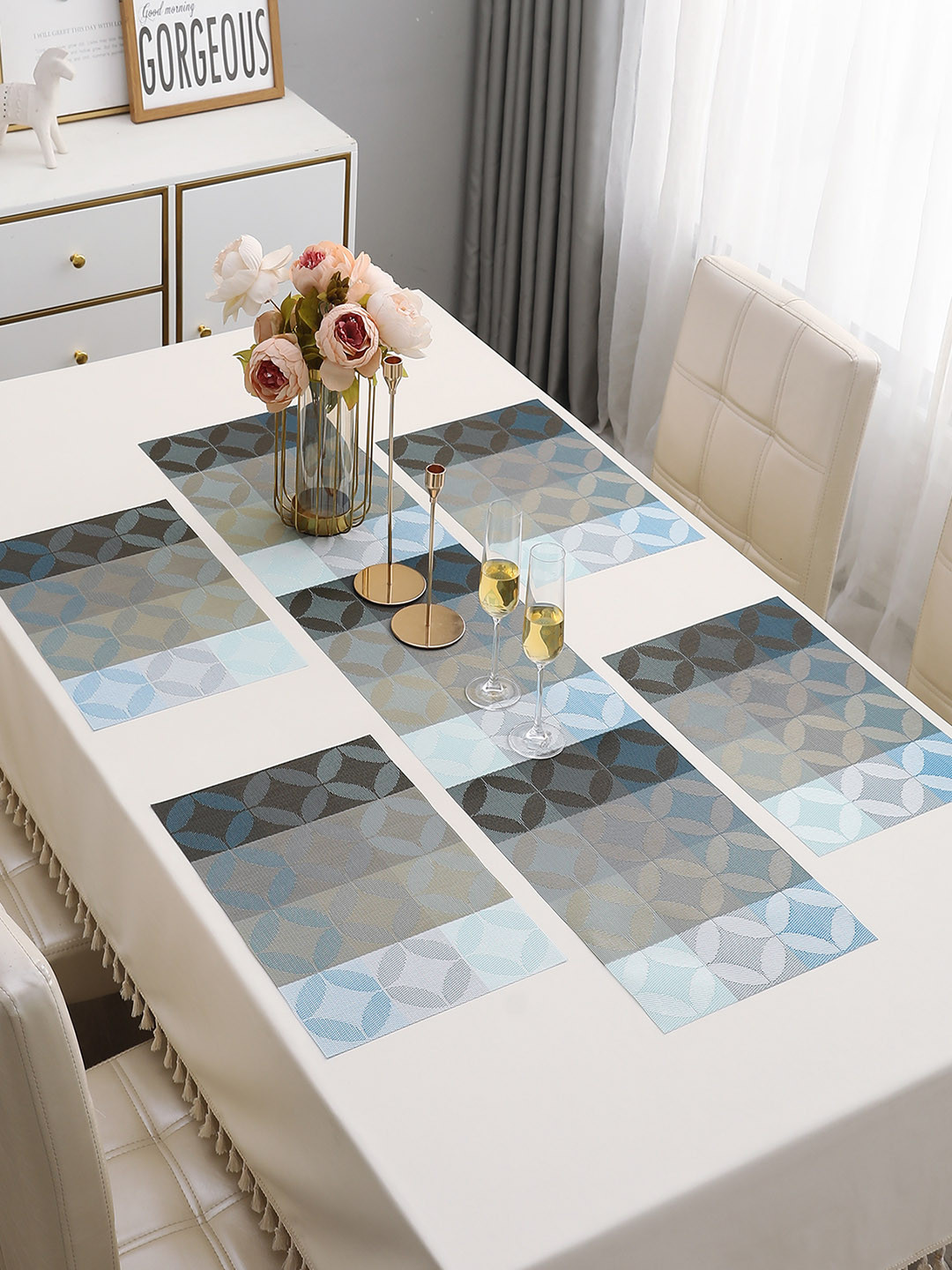 HOKIPO Blue & Grey 5 Pieces Geometric Printed Table Placemats With Runner