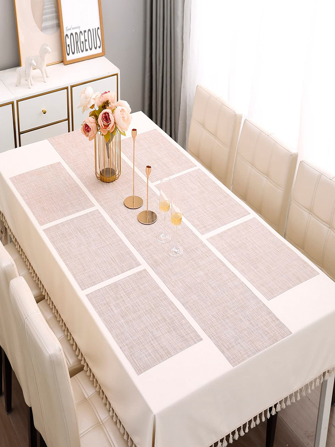 HOKIPO Beige 7 Pieces Textured Table Mats With Table Runner