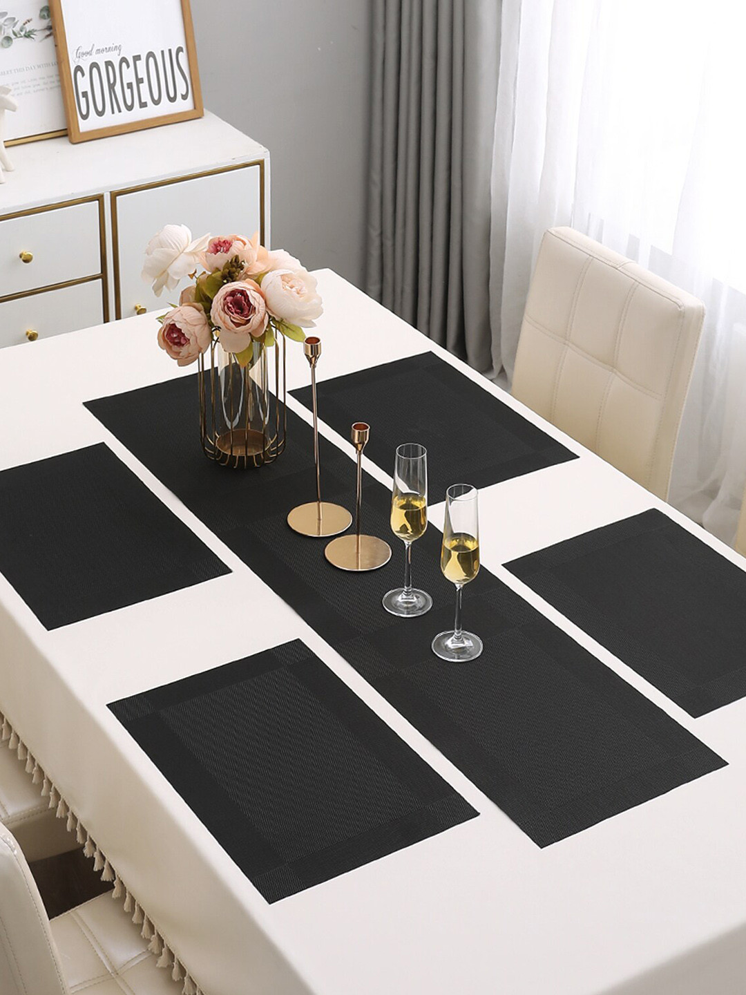 HOKIPO Set Of 5 Black Solid Table Placemats With Runner