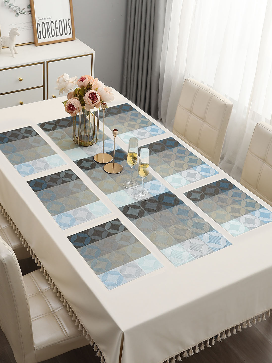 HOKIPO 7 Pieces Blue Printed Table Placemats & Runner