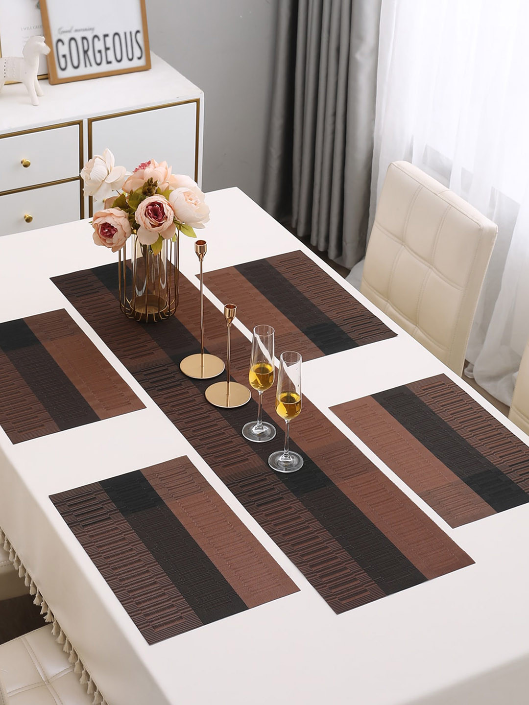 HOKIPO 5 Pieces Brown PVC Washable Placemats with Runner