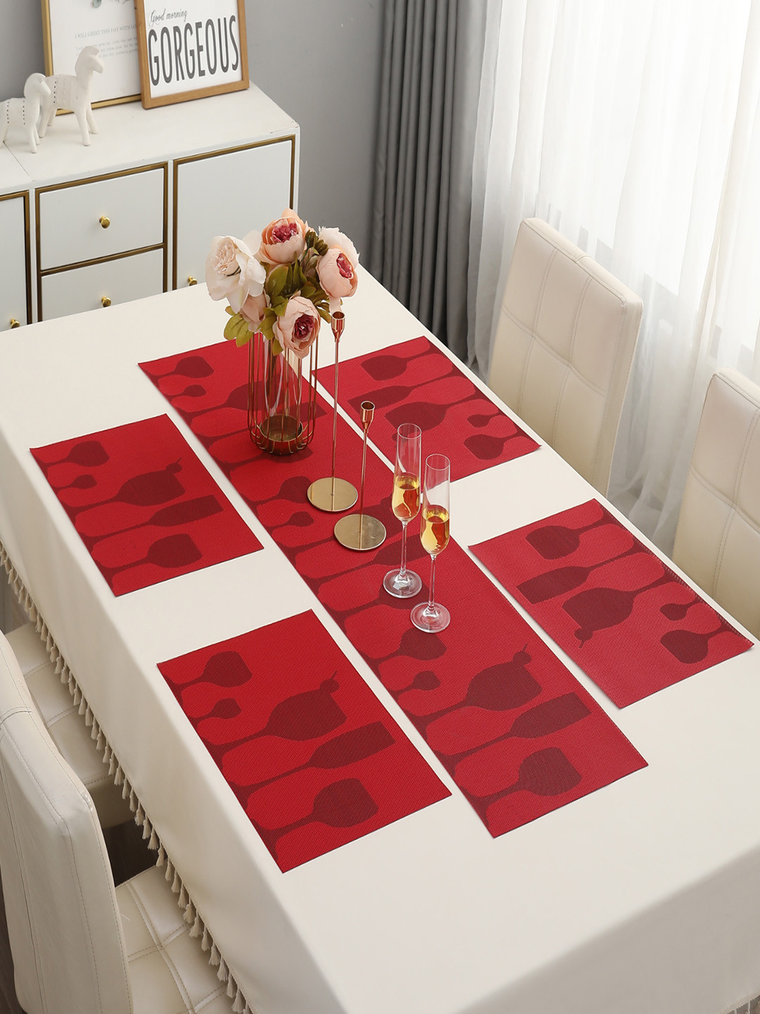 HOKIPO Set Of 5 Red Printed Table Placemats with Runner