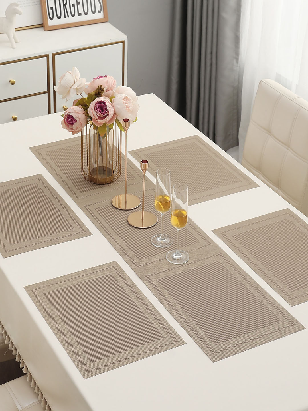 HOKIPO Beige 5 Pieces Textured & Colourblocked Table Mats with Table Runner