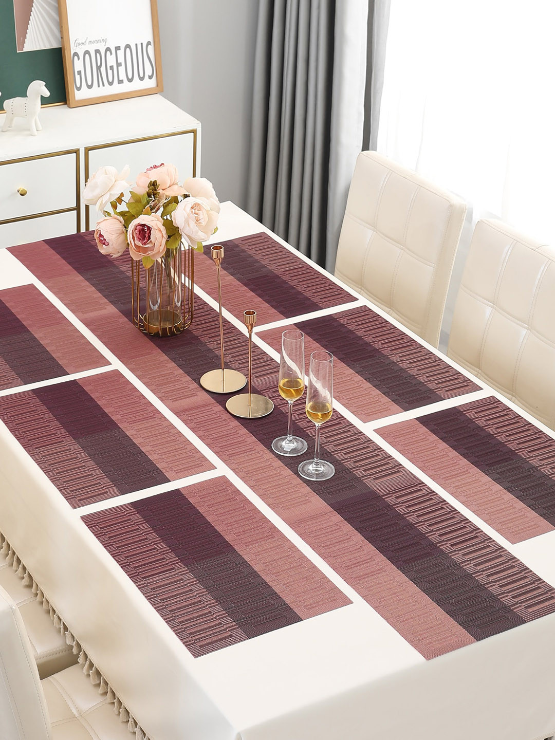 HOKIPO Striped Red 7 Pieces Table Placemats With Runner