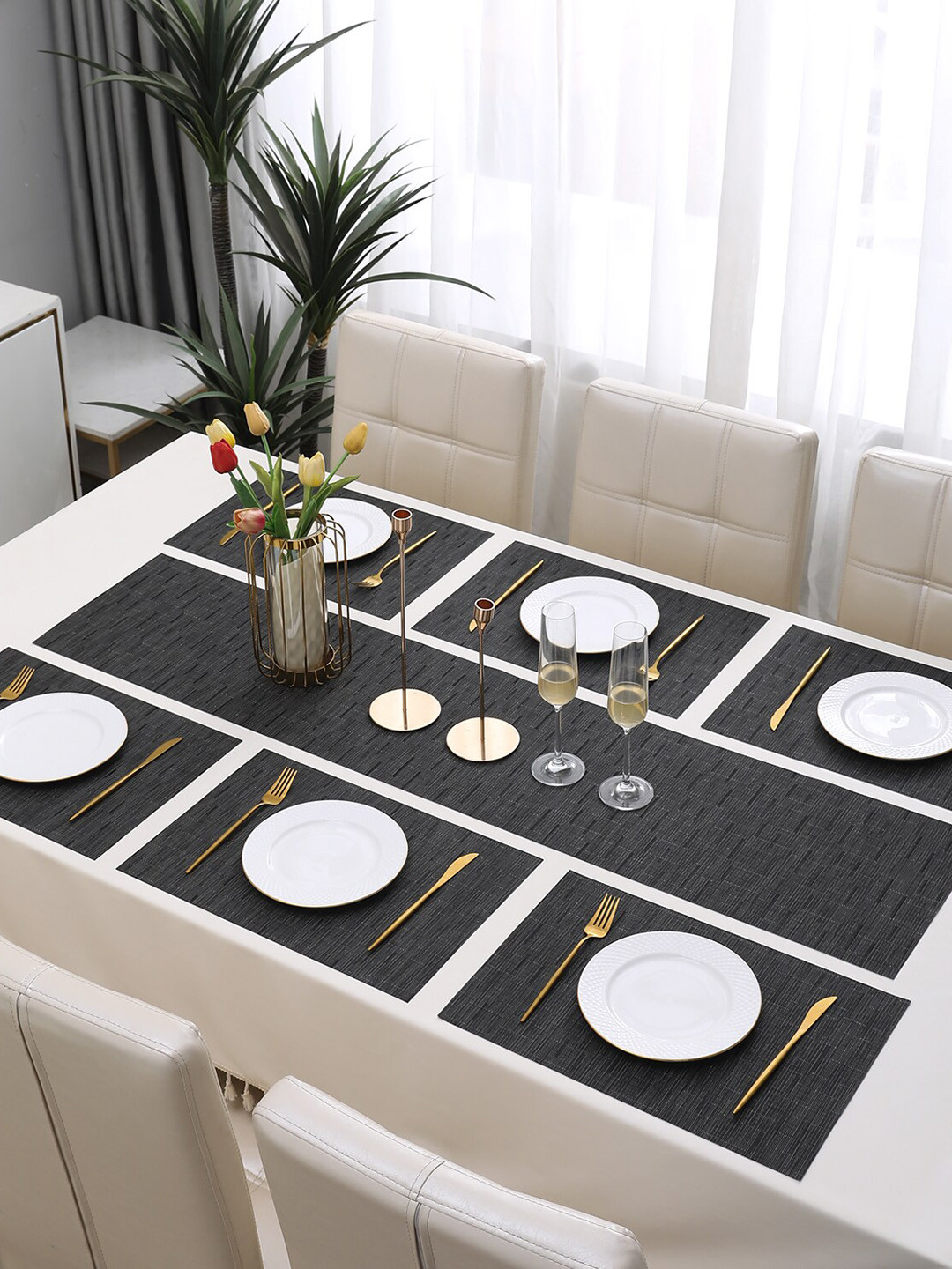 HOKIPO Black 7-Pieces Solid Rectangular Table Placemats & Table Runner