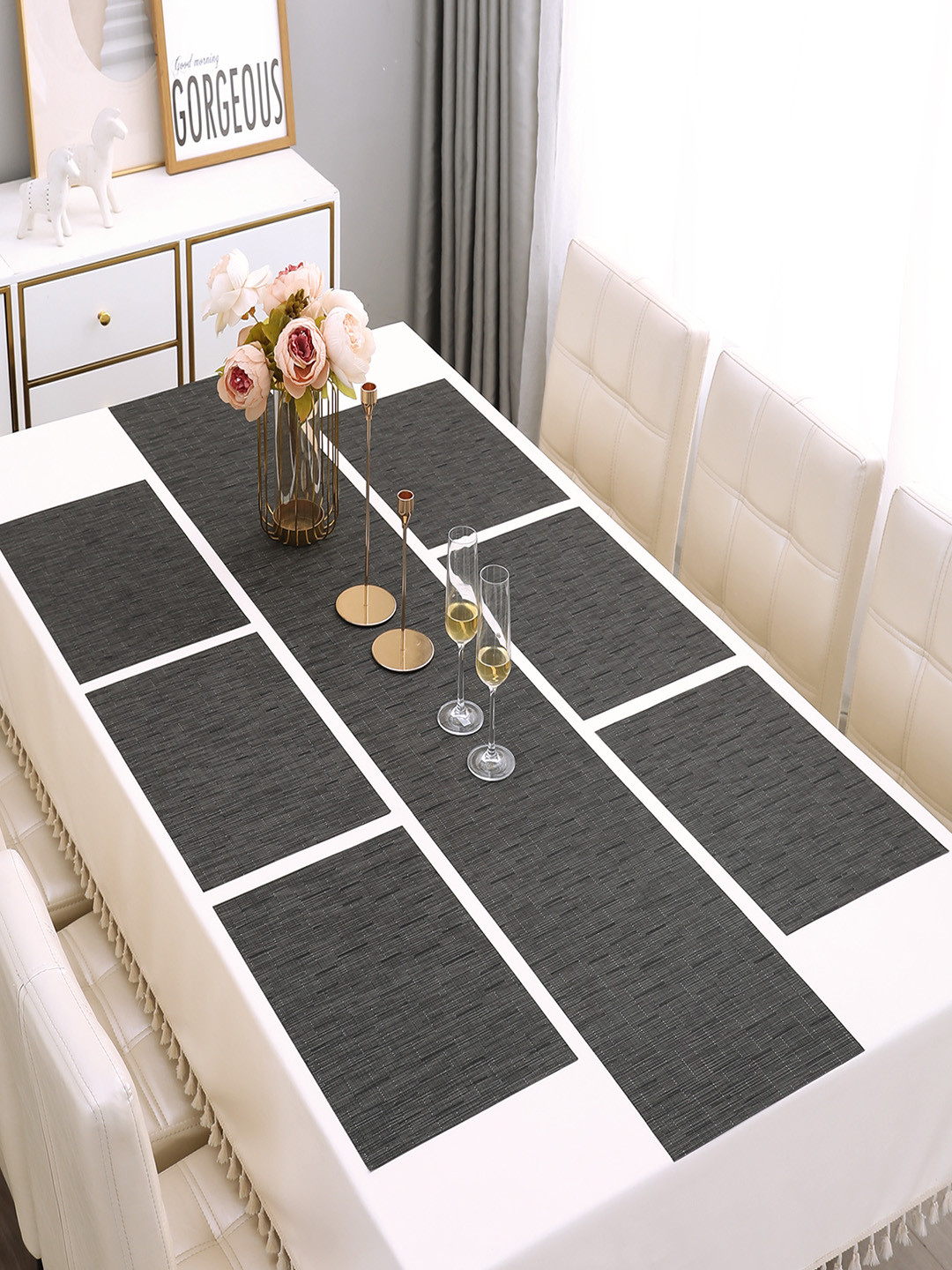 HOKIPO Black 7-Pieces Textured Rectangular Table Placemats & Table Runner