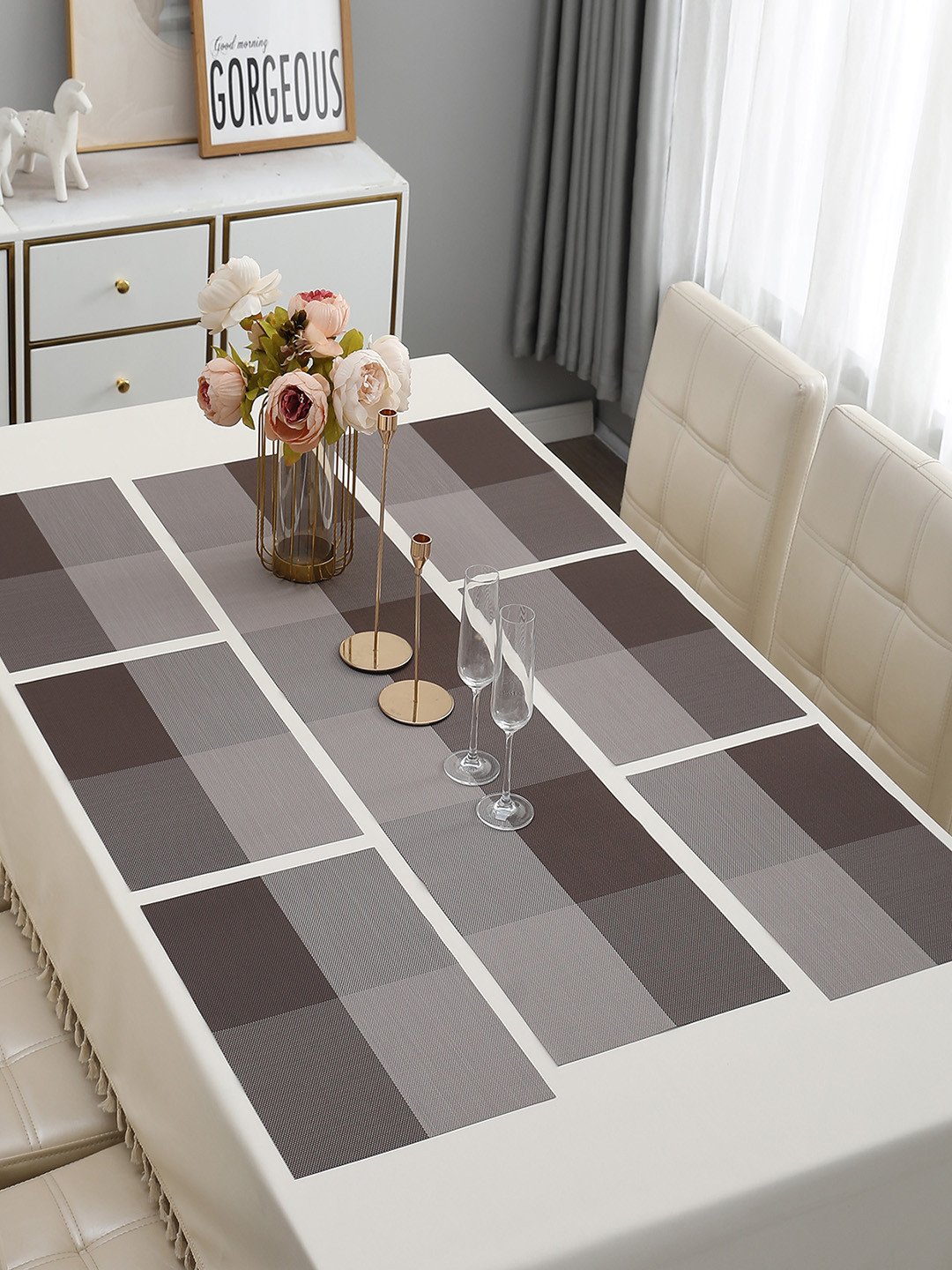 HOKIPO Brown & Grey 7 Pieces Colourblocked Tablemats with Table Runner