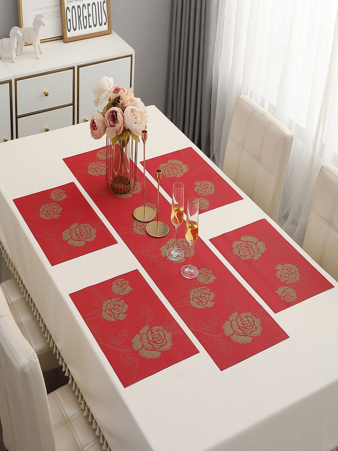 HOKIPO Set Of 5 Red & Gold Toned Floral Print Table Mats & Table Runner