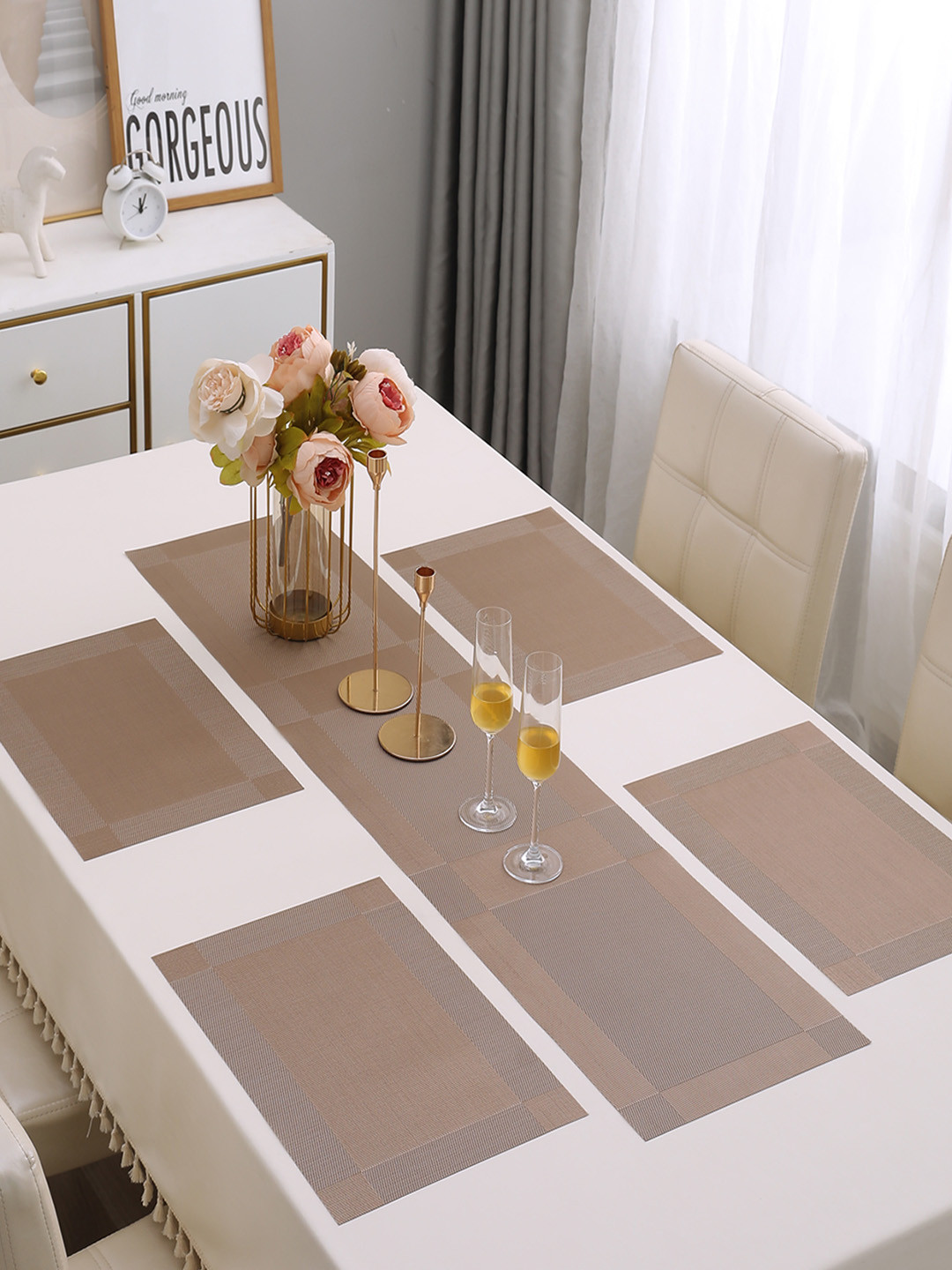 HOKIPO Brown 5 Pieces Placemats With Runner