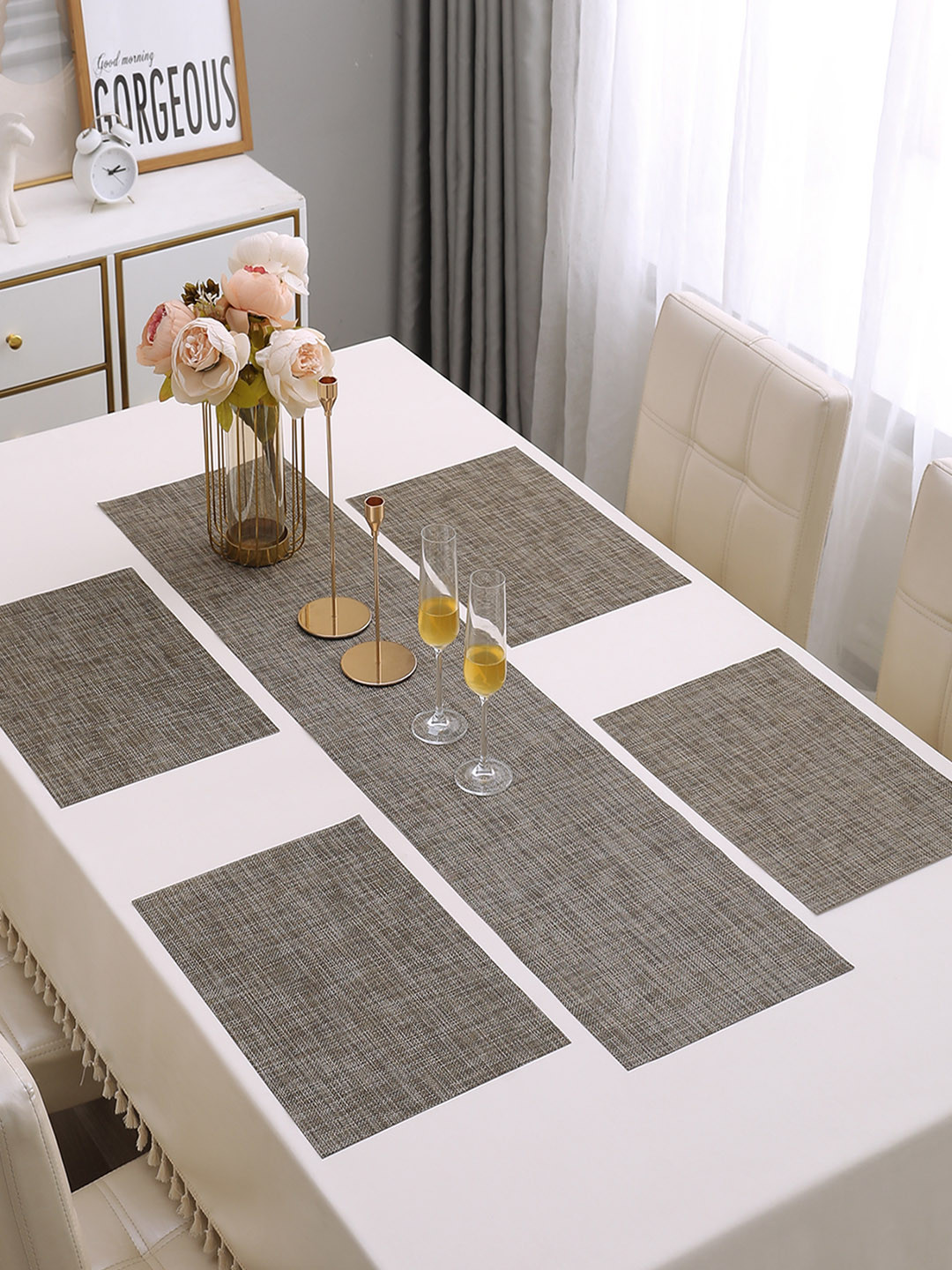 HOKIPO 5-Pieces Grey Textured Rectangular Table Placemats with Table Runner