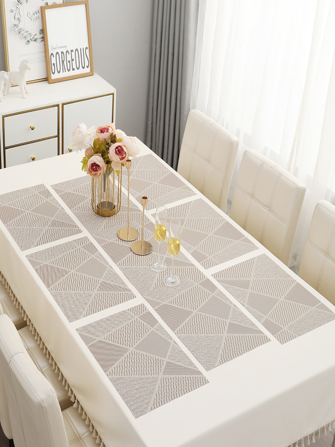 HOKIPO Cream-Coloured 7-Pieces Geometric Rectangular Table Placemats & Table Runner