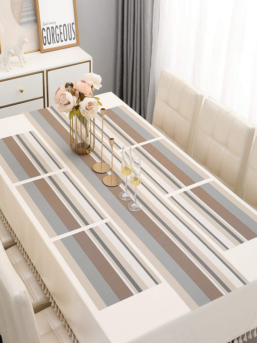 HOKIPO Beige & Brown 7-Pieces Striped Rectangular Table Placemats & Table Runner