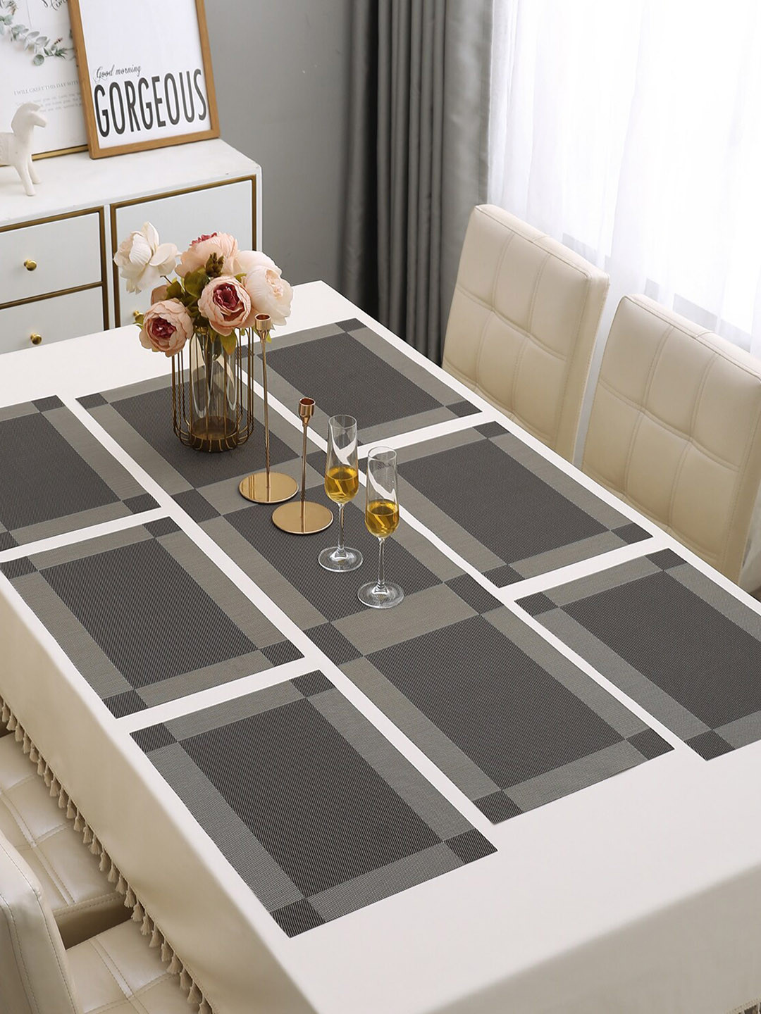 HOKIPO 7 Pieces Grey Textured & Colourblocked Tablemats with Table Runner