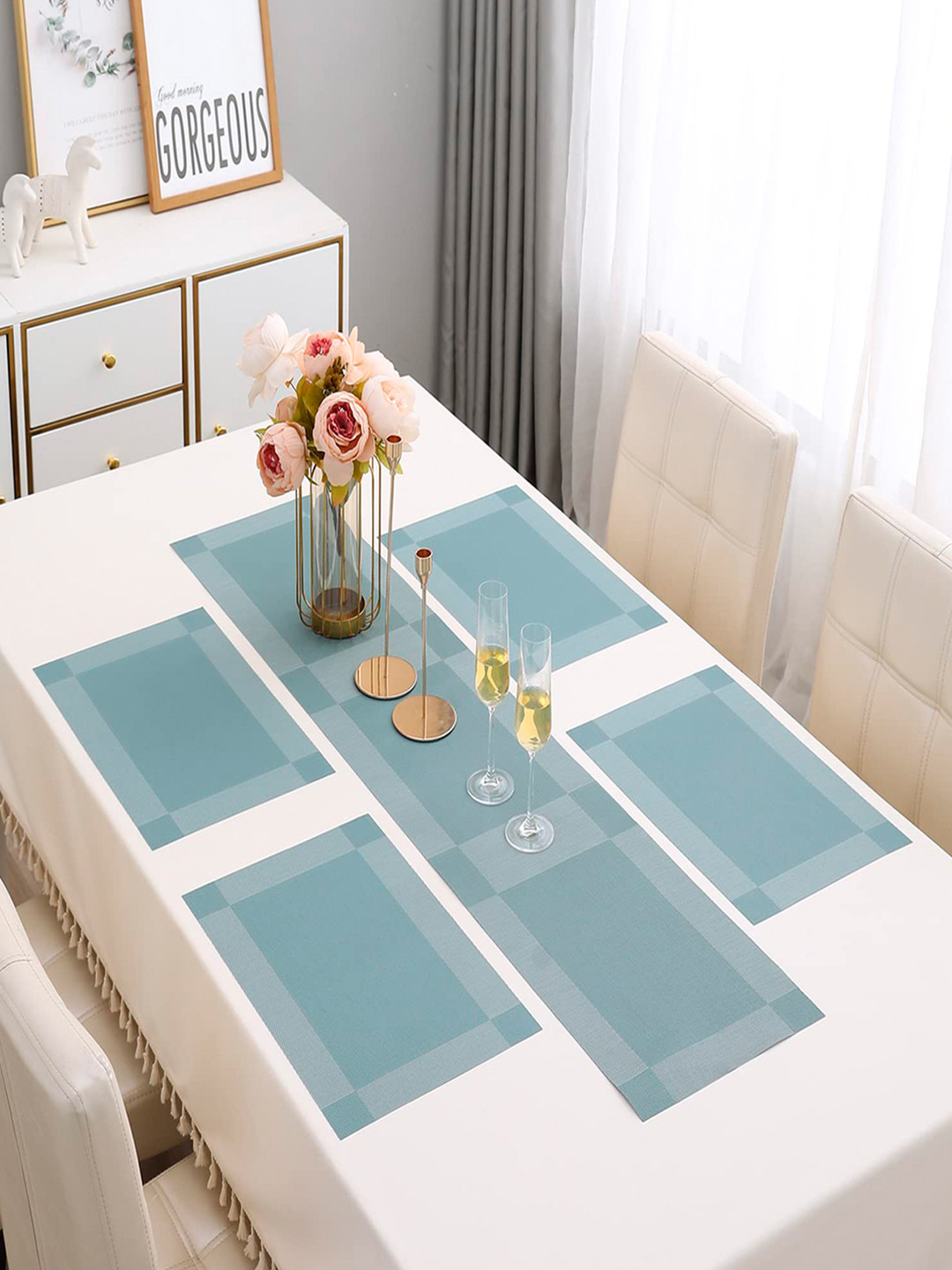 HOKIPO Blue 5 Pieces Textured & Colourblocked Table Mats with Table Runner