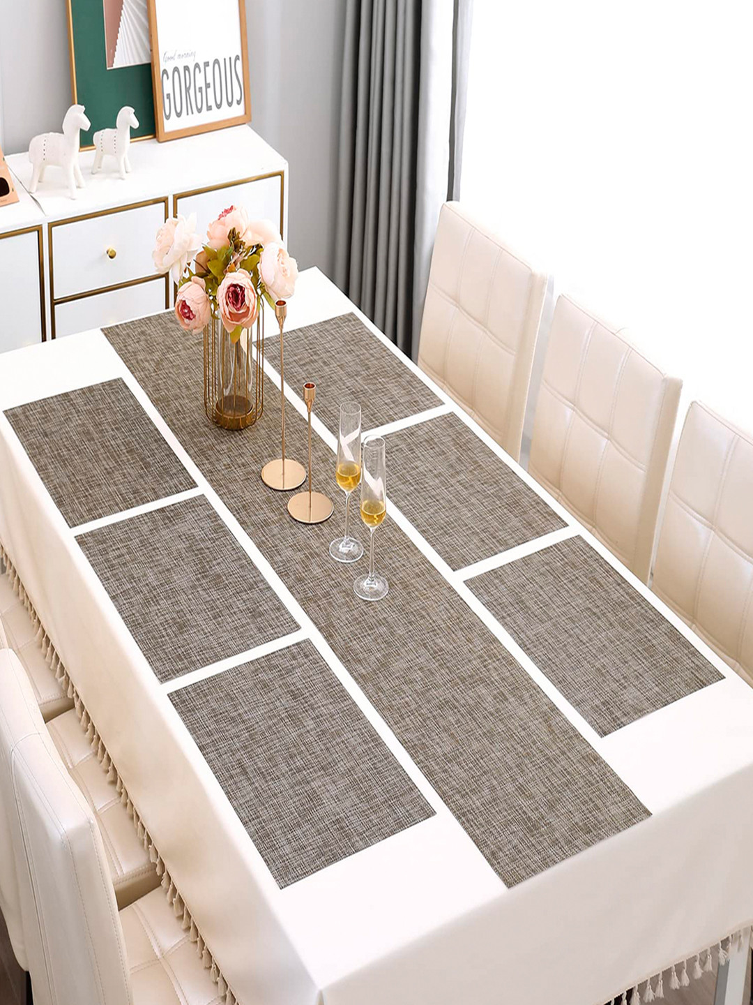 HOKIPO Grey 7-Pieces Solid Rectangular Table Placemats & Table Runner