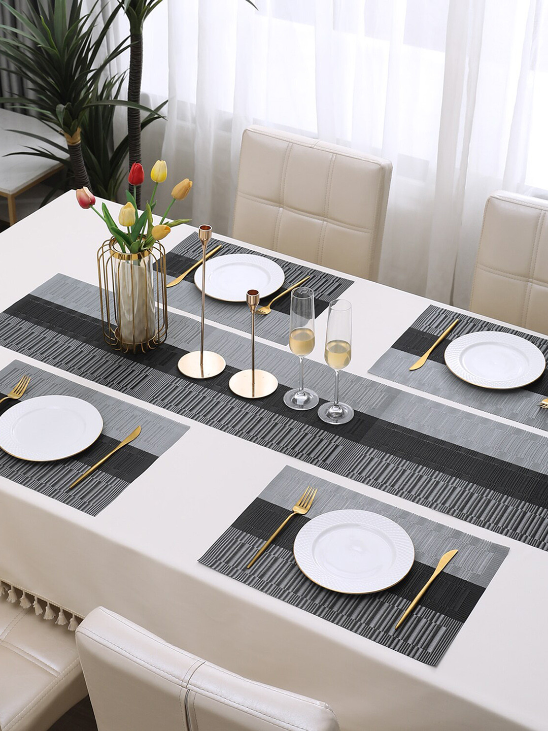 HOKIPO 5 Pieces Grey Table Mats with Table Runner