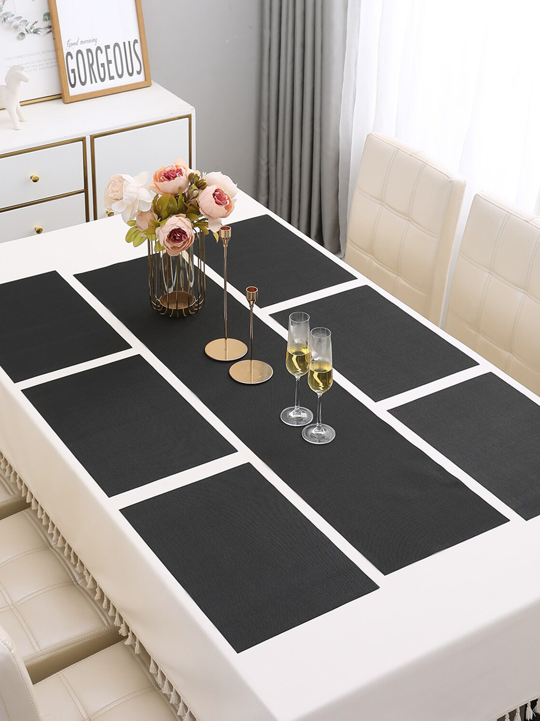 HOKIPO Black 7 Pieces Solid Tablemats with Table Runner
