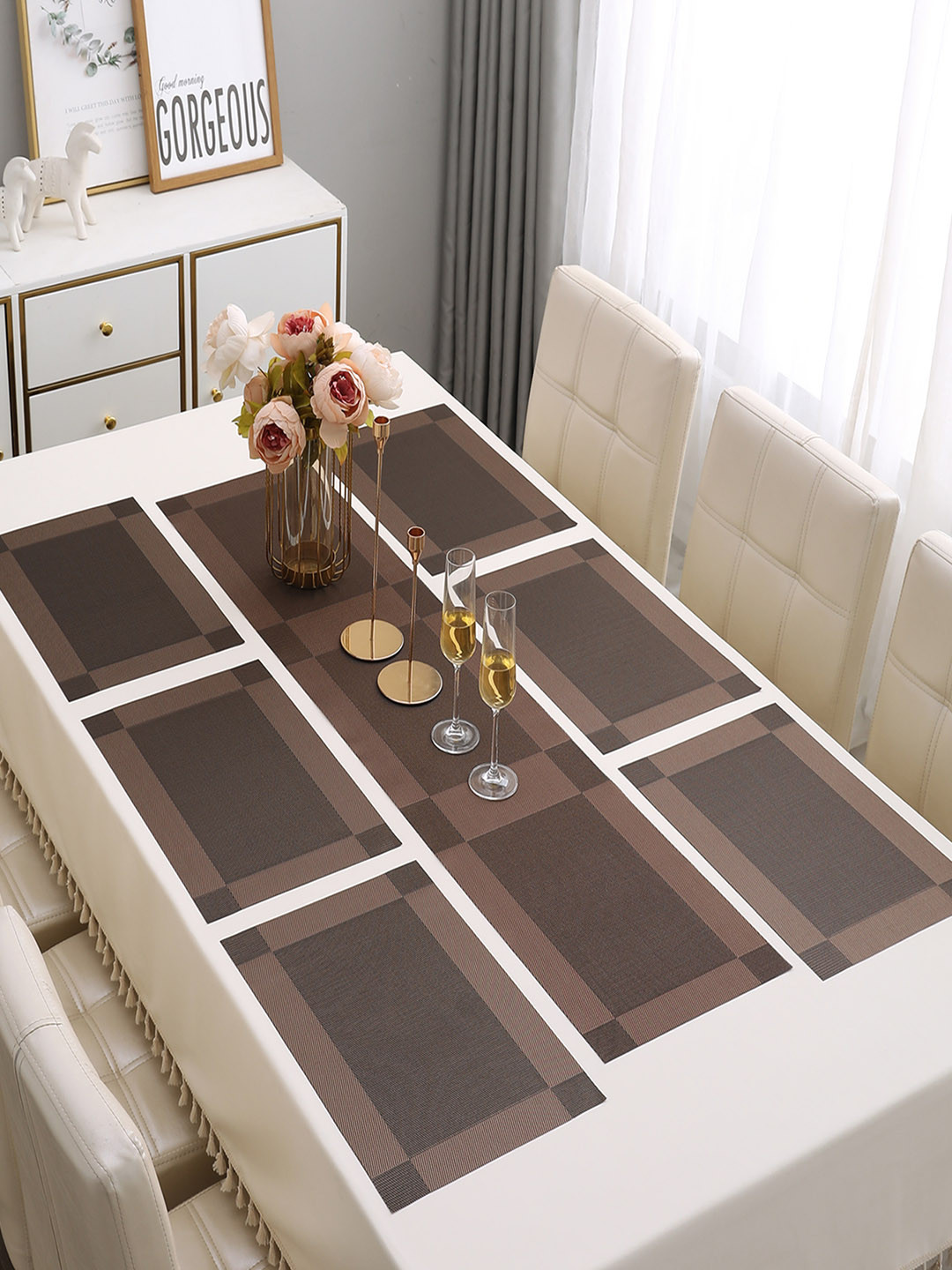 HOKIPO 7 Pieces Brown Textured & Colourblocked Tablemats with Table Runner