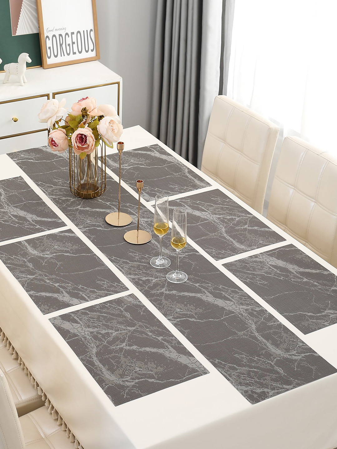 HOKIPO Brown & Grey 7 Pcs Marble Printed Tablemats with Table Runner
