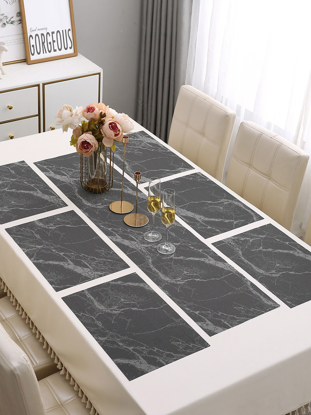 HOKIPO Black & Grey 7 Pieces Marble Printed Tablemats with Table Runner