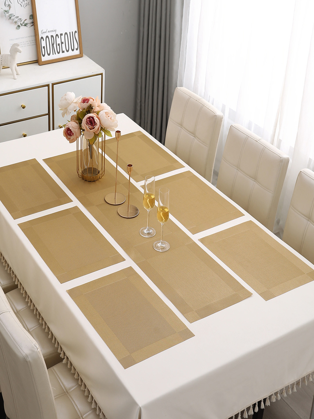 HOKIPO Gold-Toned 7-Pieces Solid Rectangular Table Placemats & Table Runner