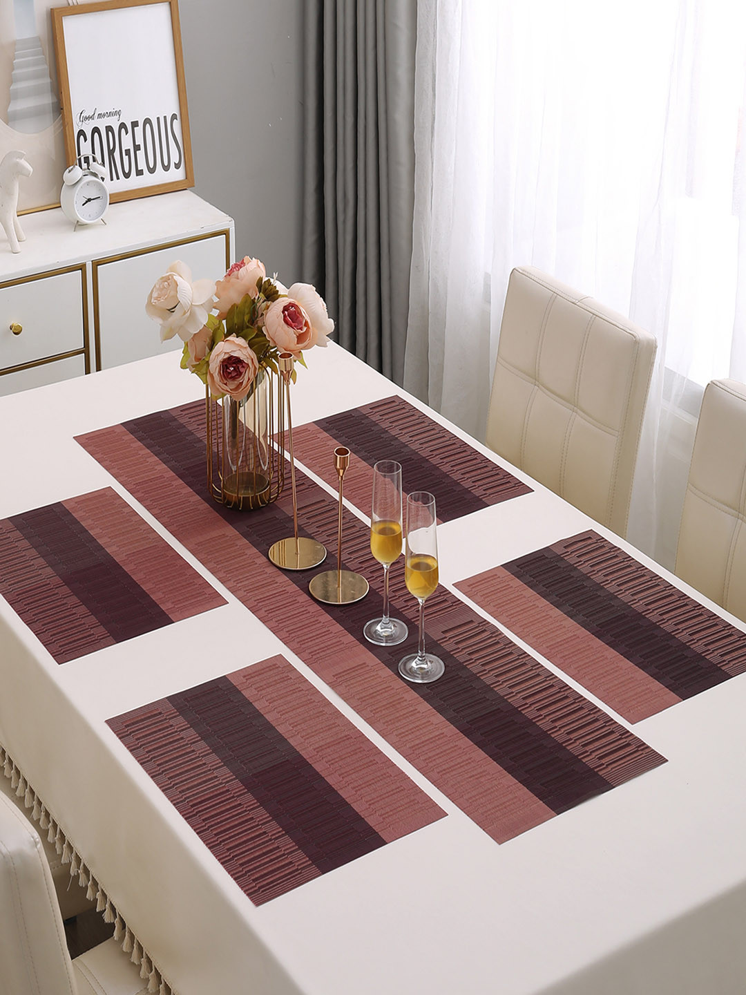 HOKIPO 5 Pieces Rust Red Table Placemats with Runner