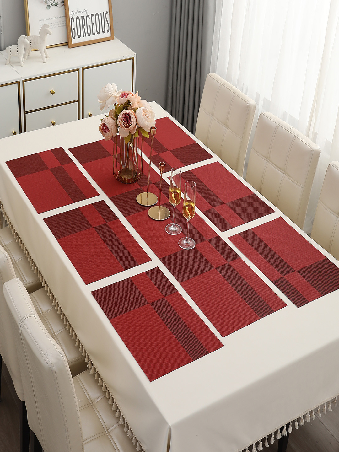 HOKIPO Red 7 Pieces Colourblocked Table Placemats With Runner