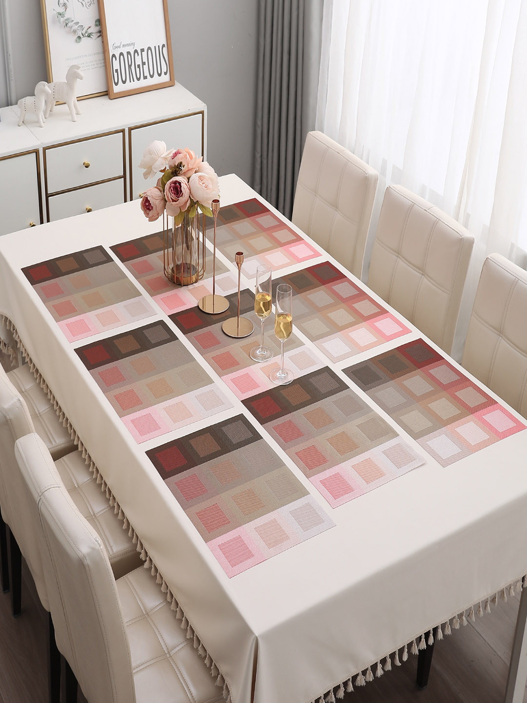 HOKIPO 7 Pieces Red Printed Tablemats with Table Runner