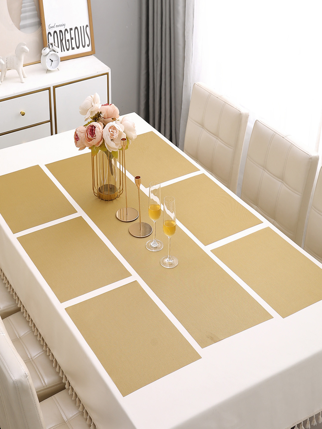 HOKIPO Gold Toned 7 Pieces Table Placemats with Runner