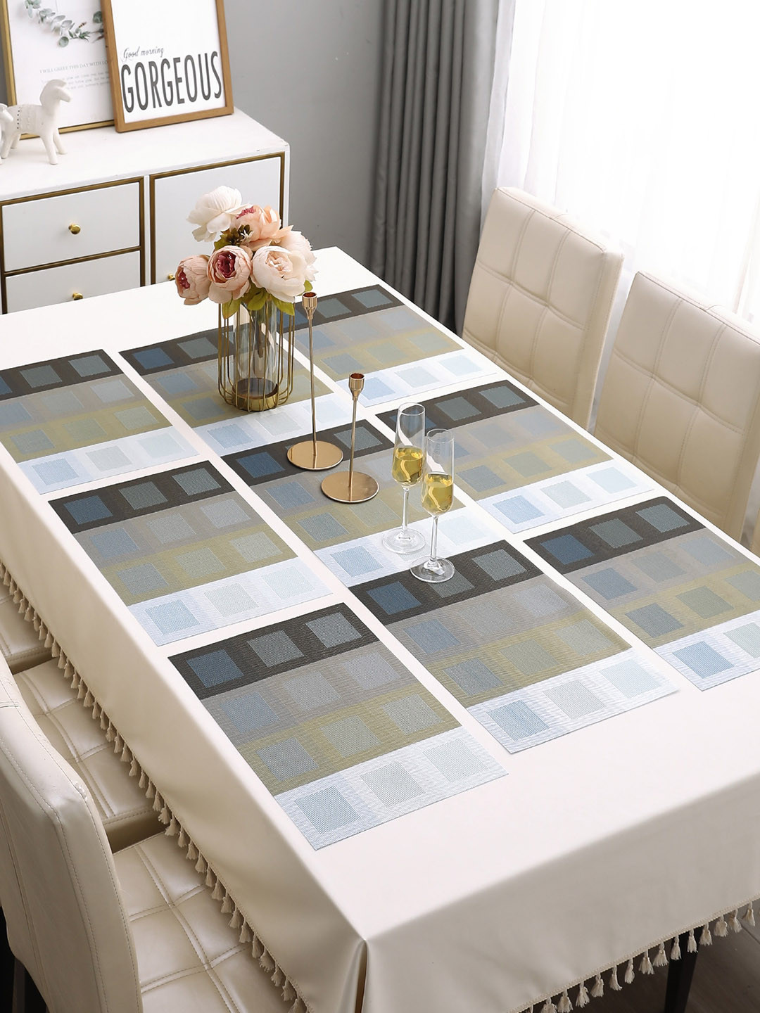 HOKIPO Blue 7-Pieces Geometric Rectangular Table Placemats & Table Runner