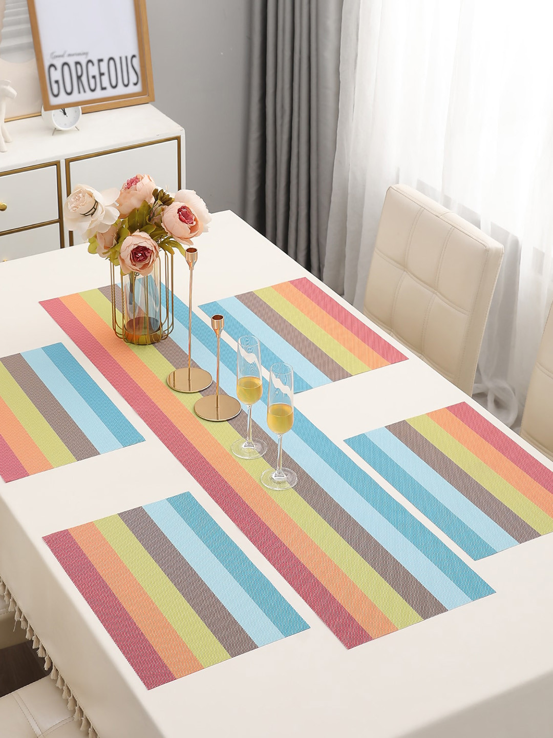 HOKIPO Set Of 5 Multi-Stripes Rectangular Table Placemats & Table Runner