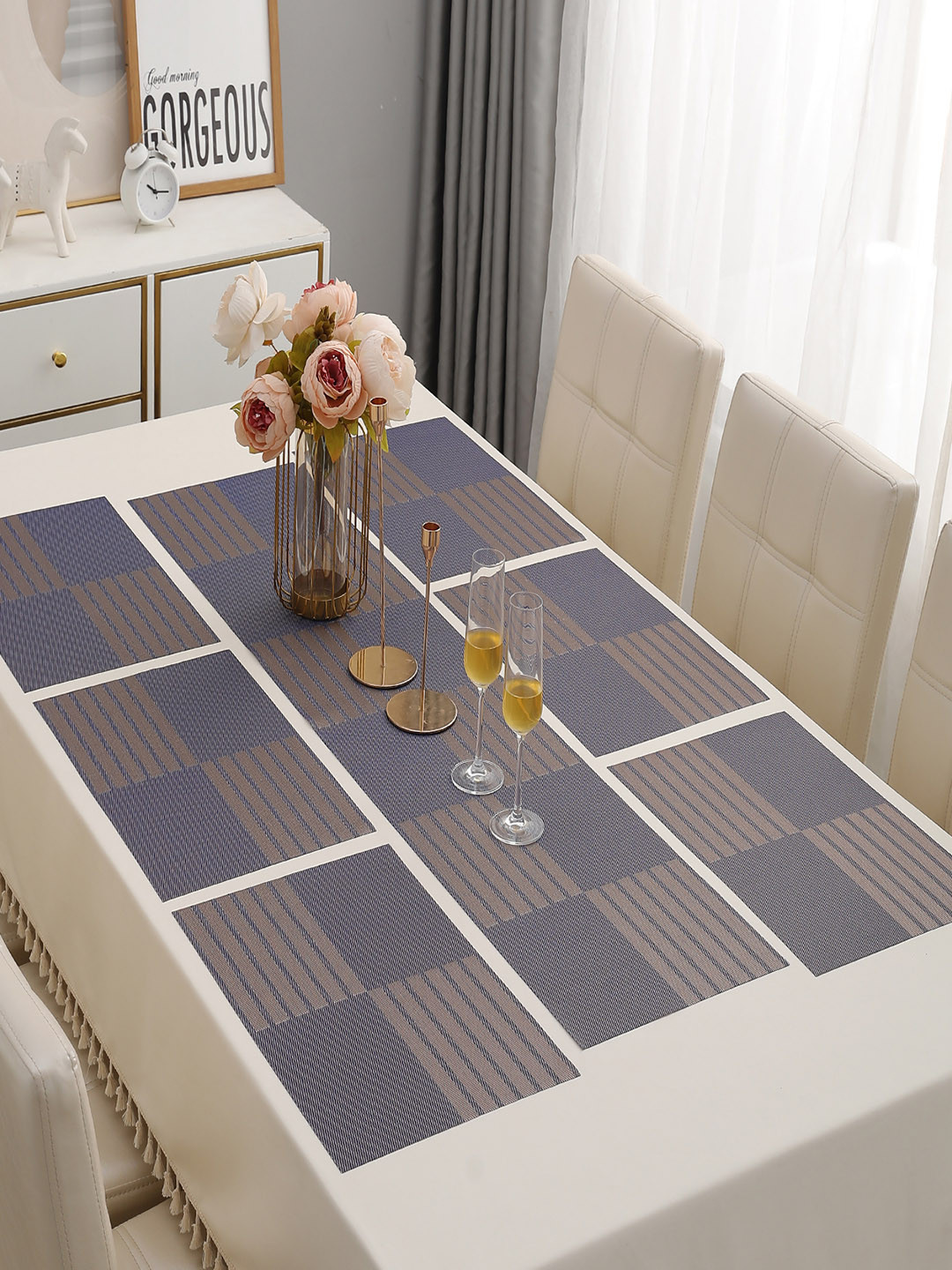 HOKIPO Purple 7 Pieces Gemetric Printed Tablemats with Table Runner