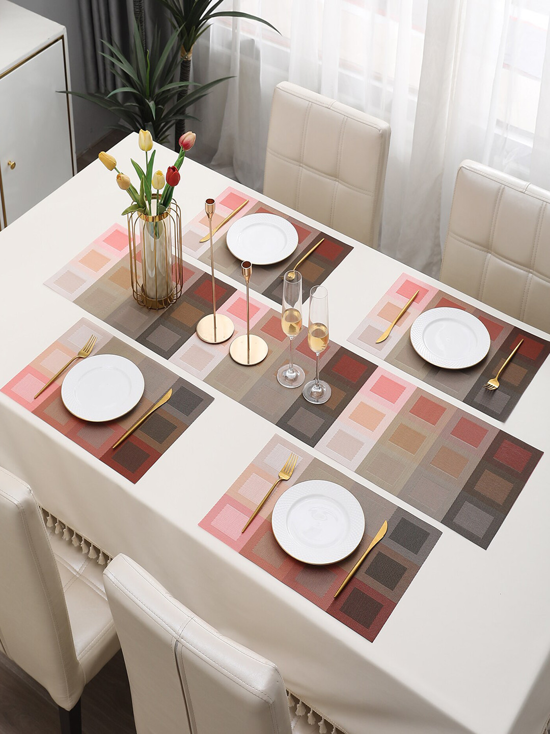 HOKIPO Red & Beige 5 Pieces Geometric Printed Tablemats with Table Runner