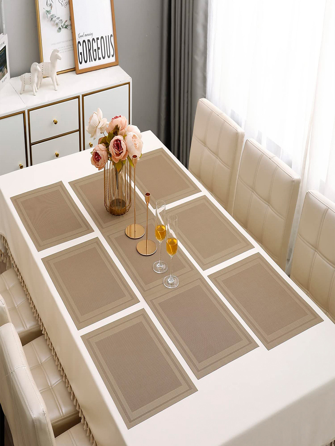 HOKIPO Beige 7 Pieces Textured & Colourblocked Rectangular Table Placemats & Table Runner