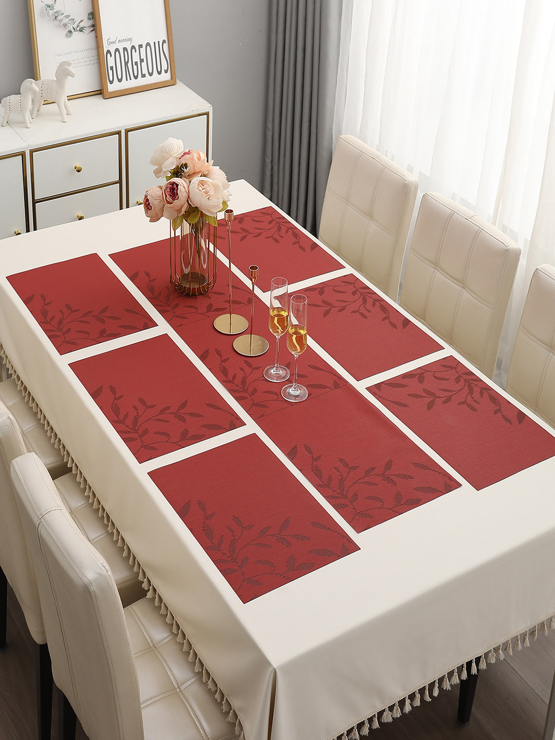 HOKIPO Red 7-Pieces Floral Rectangular Table Placemats & Table Runner