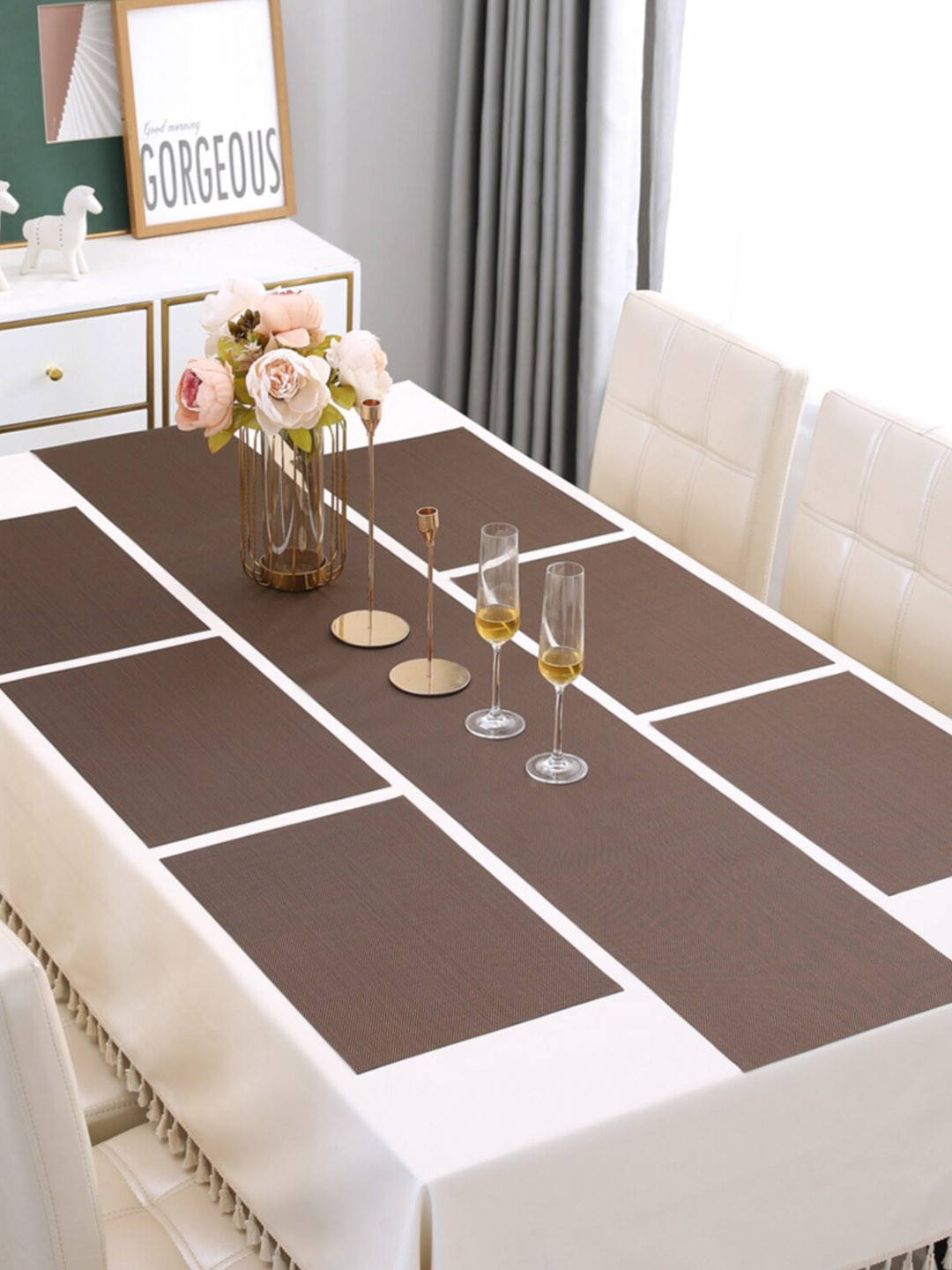 HOKIPO Brown 7 Pieces Solid Tablemats with Table Runner