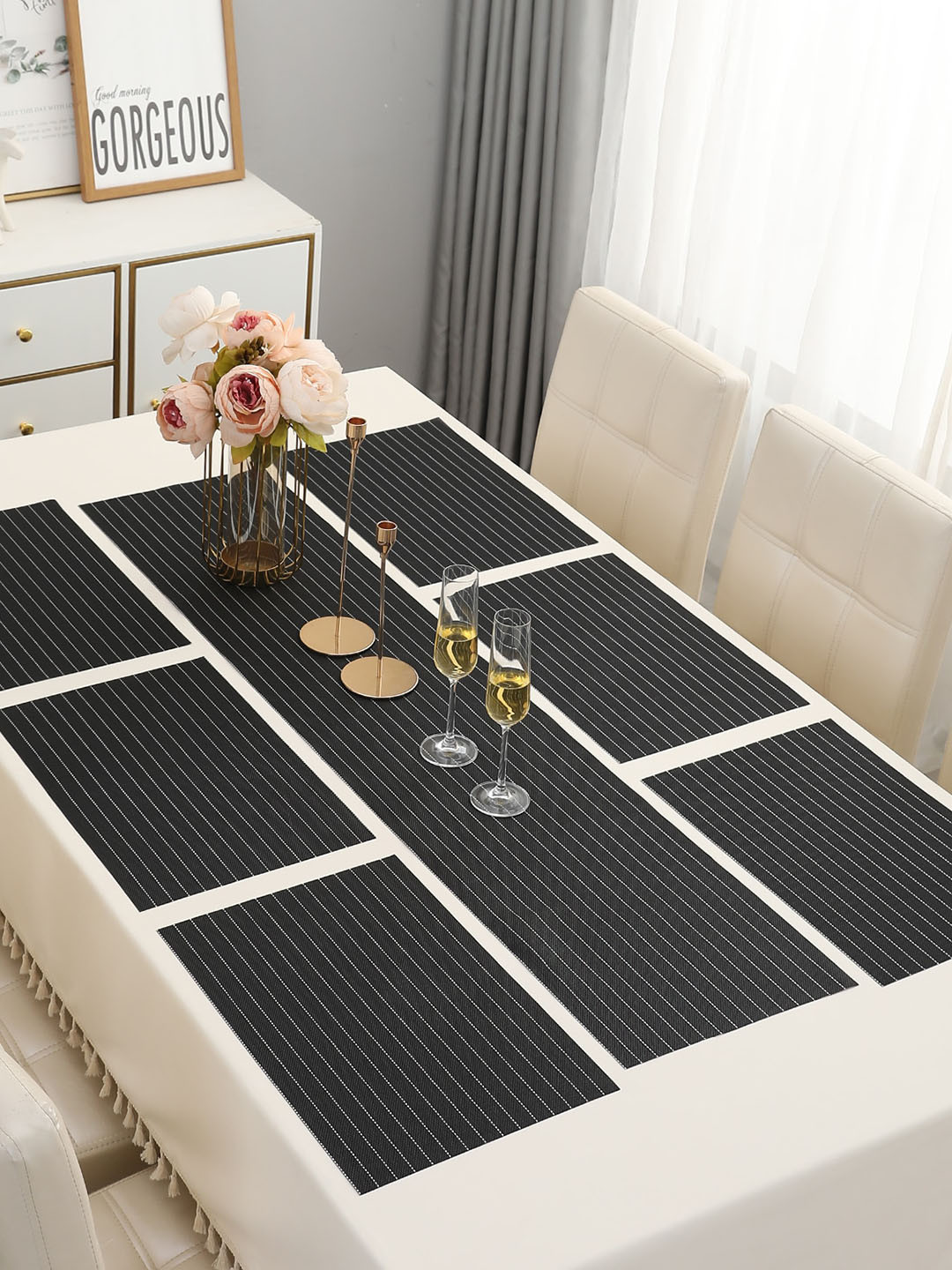 HOKIPO Black 7-Pieces Striped Rectangular Table Placemats & Table Runner
