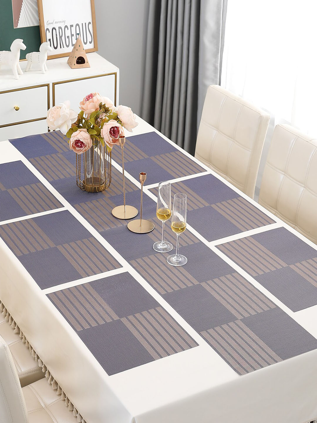 HOKIPO Purple 7-Pieces Geometric Rectangular Table Placemats & Table Runner