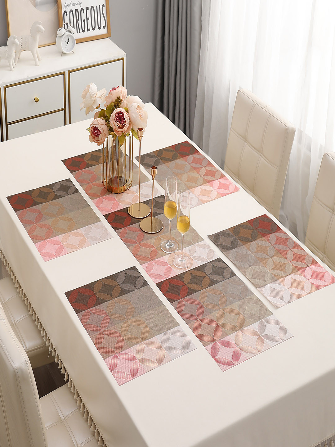 HOKIPO Red 5-Pieces Geometric Rectangular Table Placemats & Table Runner