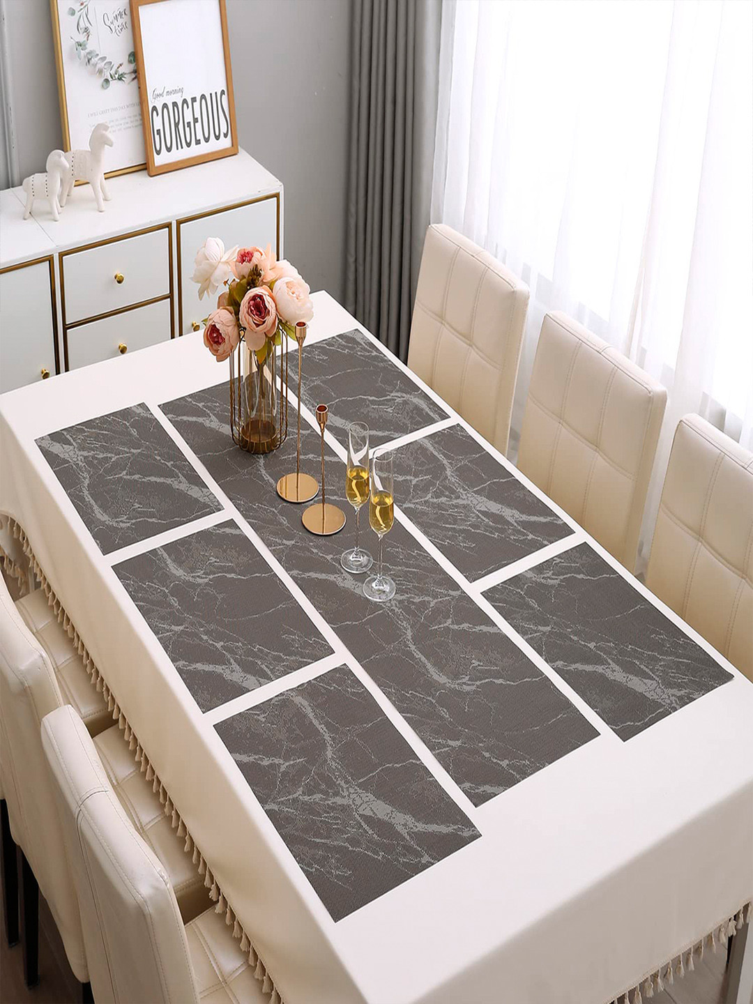 HOKIPO Brown 7 Pieces Marble Printed Tablemats with Table Runner