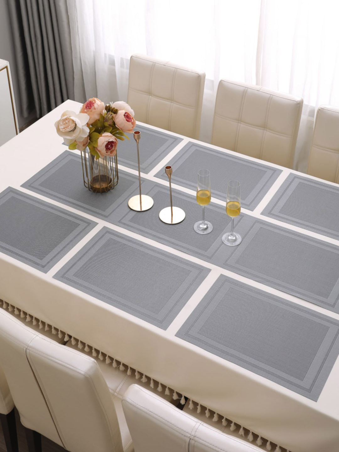 HOKIPO Silver Toned & Grey 7 Pcs Textured Rectangular Table Placemats & Table Runner