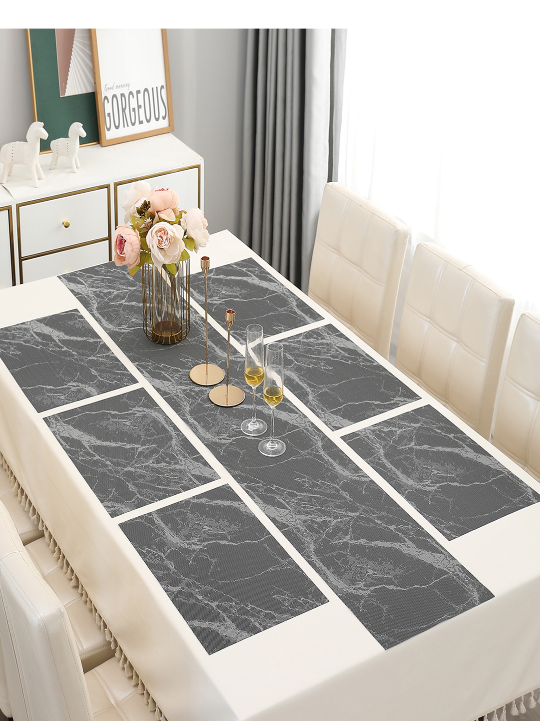 HOKIPO 7 Pieces Black 6 Seater Tablemats with Table Runner