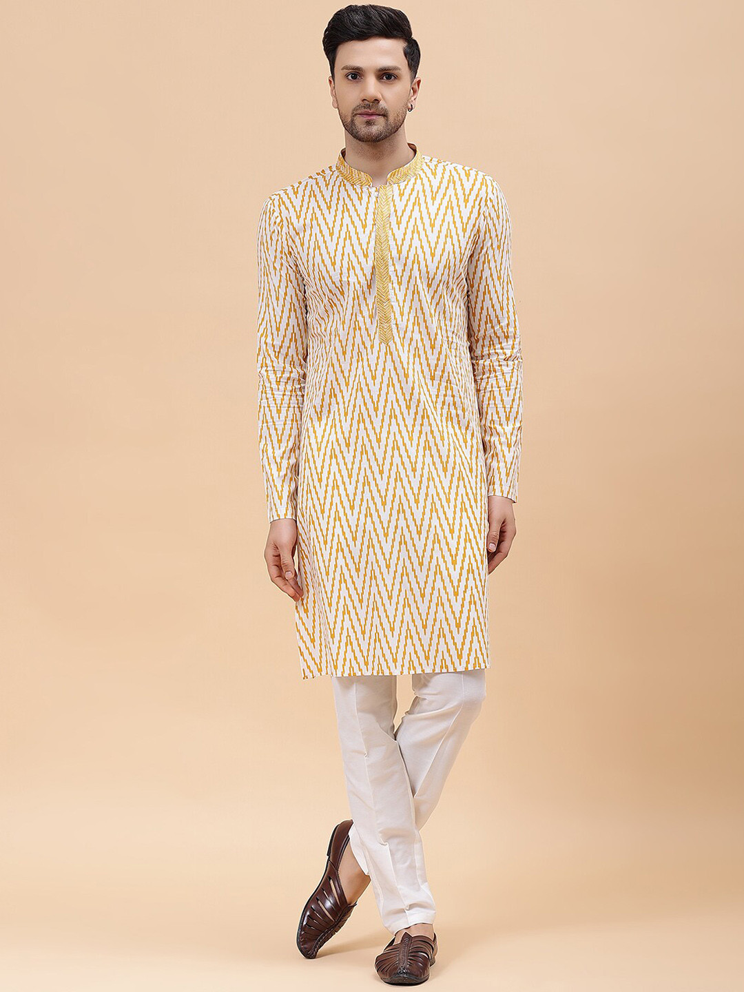 See Designs Geometric Printed Mandarin Collar Pure Cotton Kurta with Pyjamas