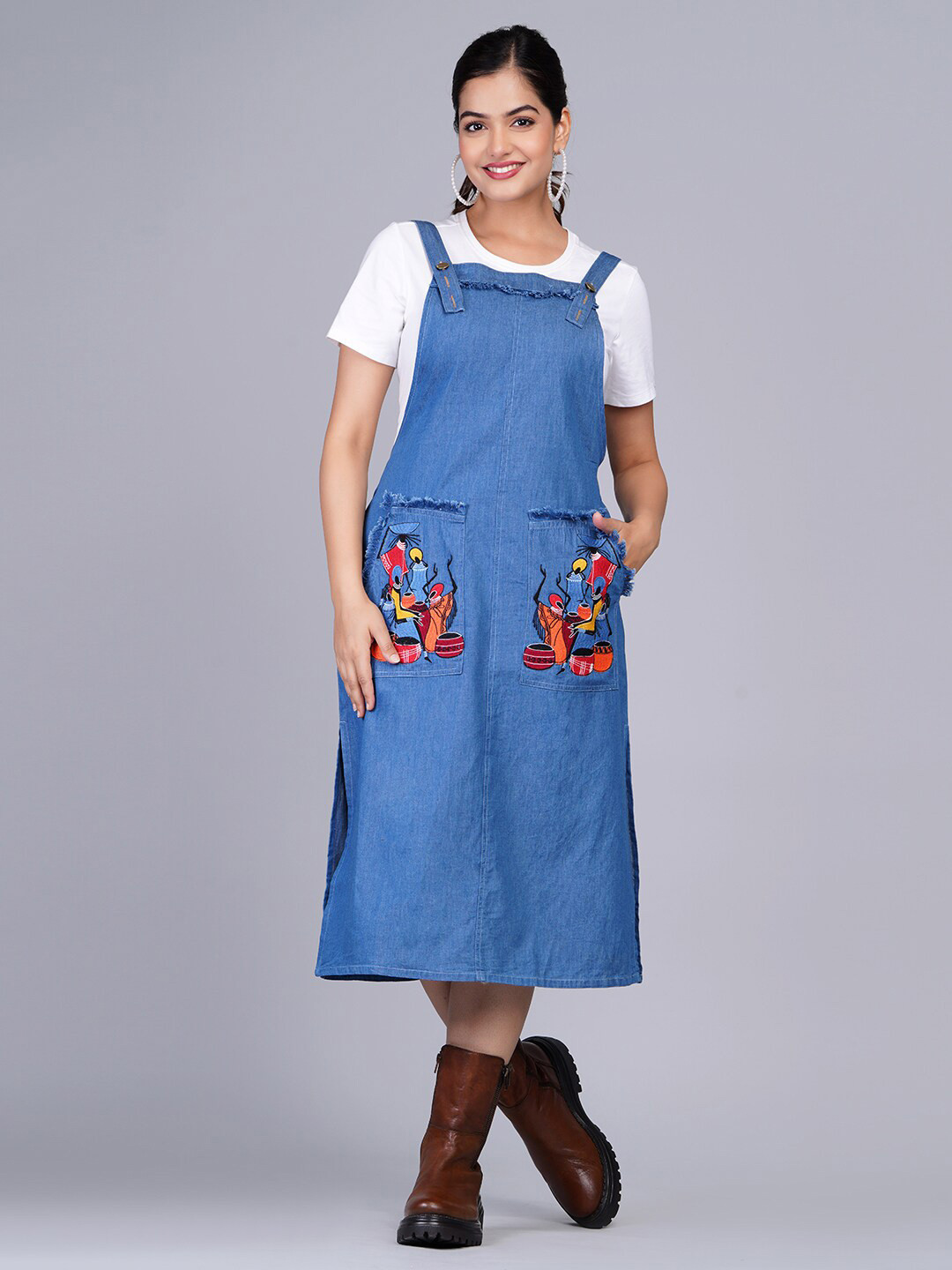 SUMAVI-FASHION Embroidered & Frayed Cotton Denim Pinafore Midi Dress