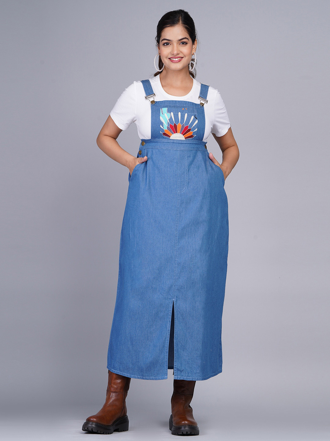 SUMAVI-FASHION Embroidered Cotton Denim Pinafore Midi Dress