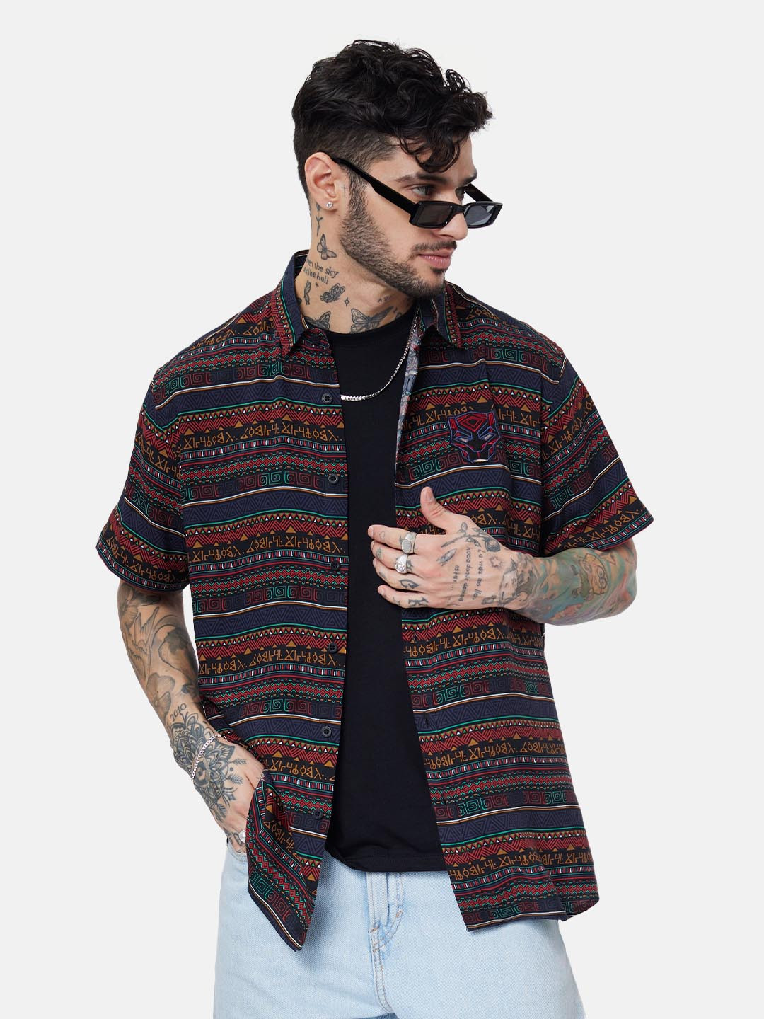 The Souled Store Relaxed Boxy Fit Black Panther Tribal Printed Casual Shirt