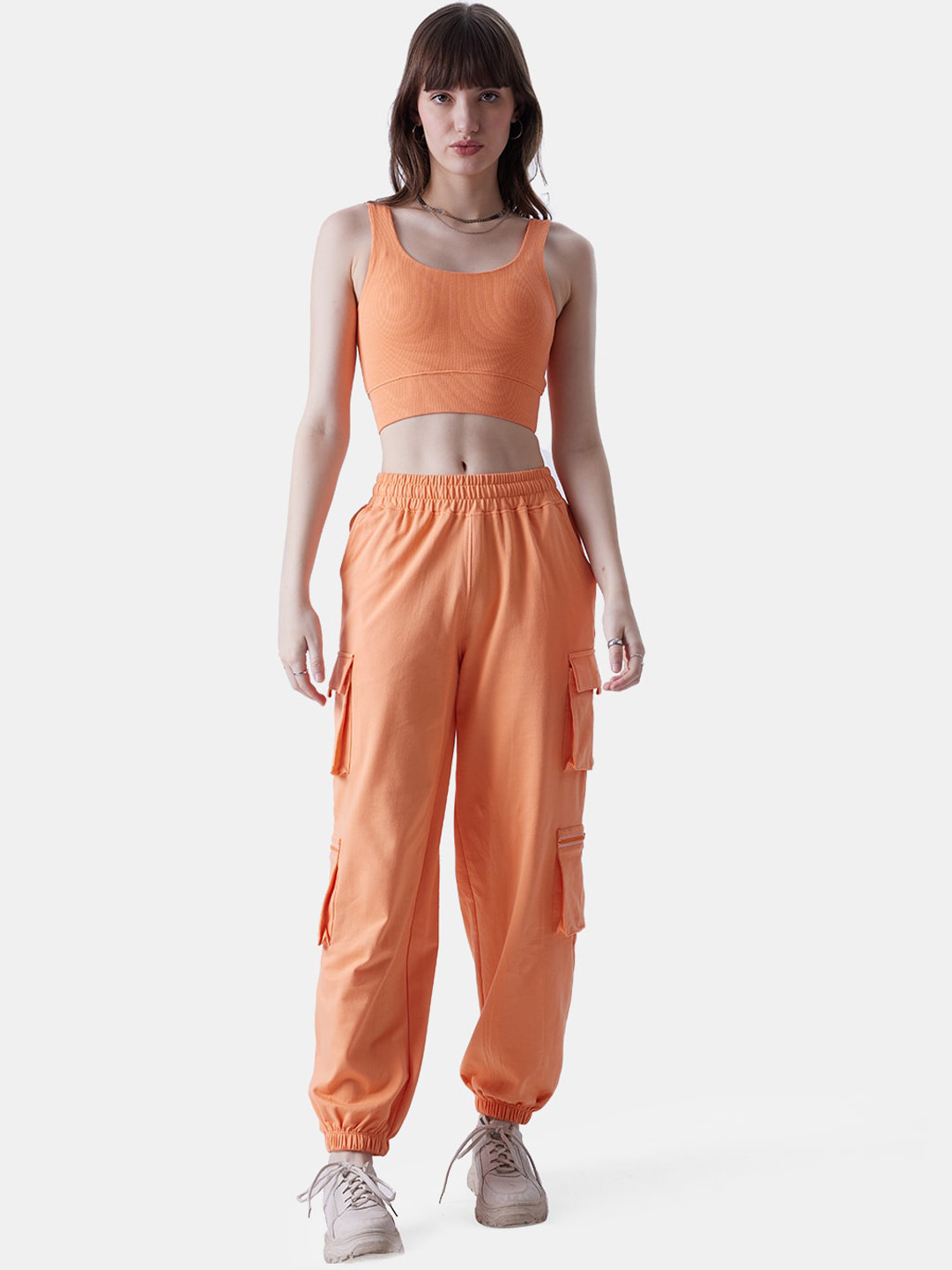 The Souled Store Orange Pure Cotton Top With Cargo Trousers