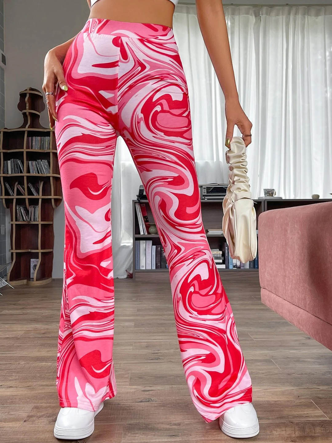 BAESD Women Abstract Printed Mid-Rise Plain Relaxed Parallel Trousers